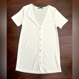 White Button-Down V-Neck Dress